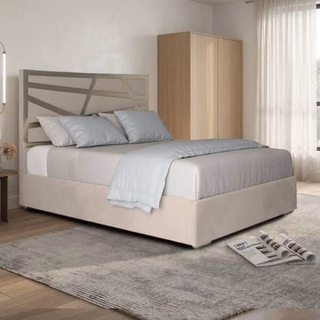 KDMD Frilford Double Upholstered Velvet Designer Bed Frame in Cream and Beige, W/D/H: 140 x 200 x 127 cm