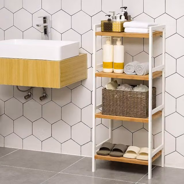 SONGMICS 4 Tier White Bamboo Storage Rack with Adjustable Shelves for Bathroom, Kitchen or Bedroom – 1