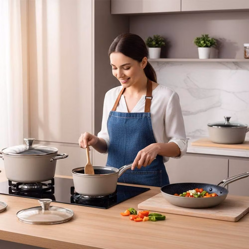 Alivio 10-Piece Non-Stick Aluminium Cookware Set in Beige – 2