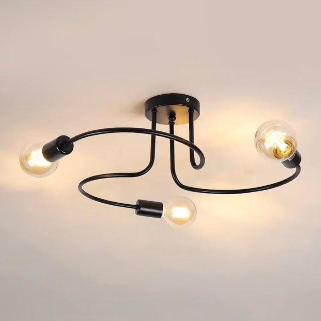 Pheashine Modern Black Industrial Ceiling Light with Three E27 Lamp Holders and Glass Accents
