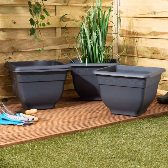 Wham Bell Pot Set of 4 Square Plastic Garden Planters in Slate Grey, 37 cm