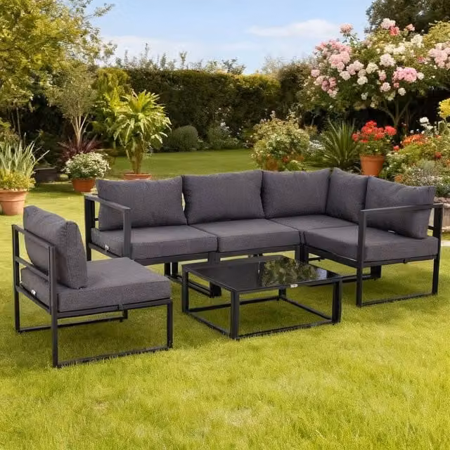ERGOVEXA 5 Seater Grey Powder Coated Aluminium L-Shape Garden Furniture Set with Upholstered UV-Resistant Cushions and Coffee Table – 1