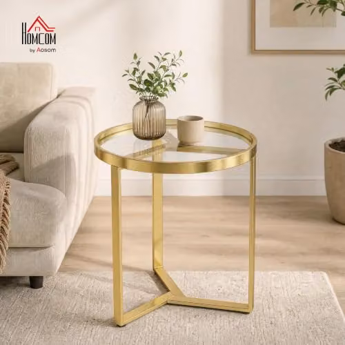 HOMCOM Modern Round Side Table with Transparent Glass Top and Gold Metal Frame, W/D/H: 45 x 45 x 50 cm – 2