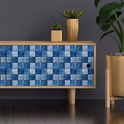 WALPLUS 24-Piece Blue and Black Mother of Pearl Mosaic Wall Tile Sticker Set, Glossy Aluminium Film Peel and Stick Backsplash Decals for Kitchen and Bathroom, W/D/H: 15 x 15 x 0.54 cm – 3