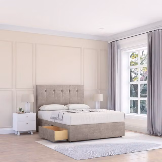 Sloomy Highbury Double Divan Bed Base with 26 inch Struts Headboard in Stone, W/D/H: 140 x 200 cm