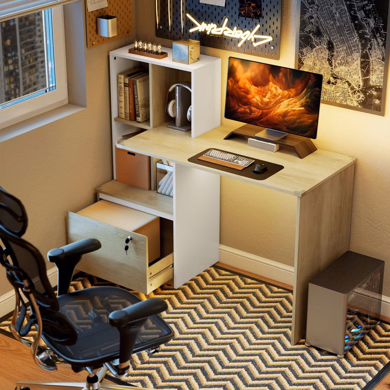 HOMCOM Computer Desk with Bookshelf, File Drawer and Legal Hanging File Holders in Brown Oak Wood Effect – 2