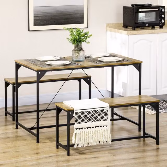 HOMCOM Industrial Dining Table Set with 2 Benches, Brown