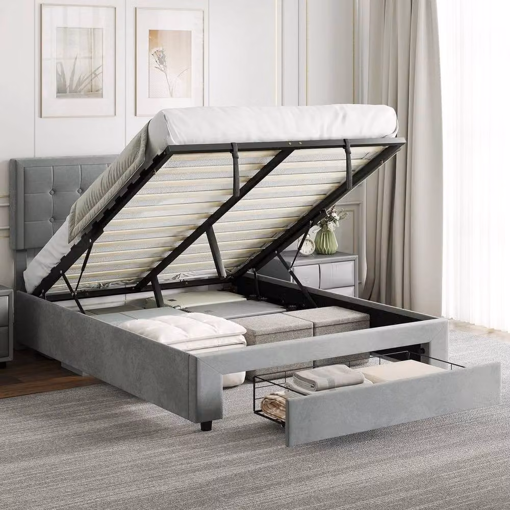 FORGEVIO Grey Velvet Double Bed Frame with Storage Drawers and Adjustable Headboard, W: 140 cm, D: 190 cm, H: 104 cm – 2