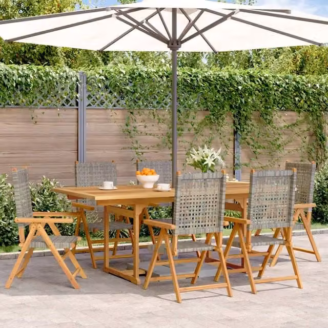 Berkfield Home 7 Piece Grey Poly Rattan and Acacia Wood Garden Dining Set