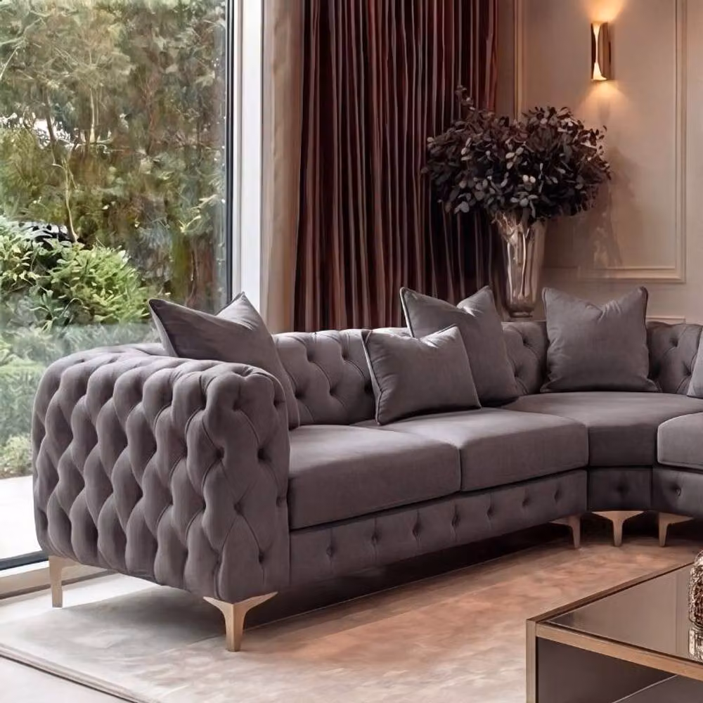 Sofaya Monaco 5 Seater Chesterfield Corner Sofa in Grey Velvet with Left Facing Chaise, W: 220 cm, D: 70 cm – 2