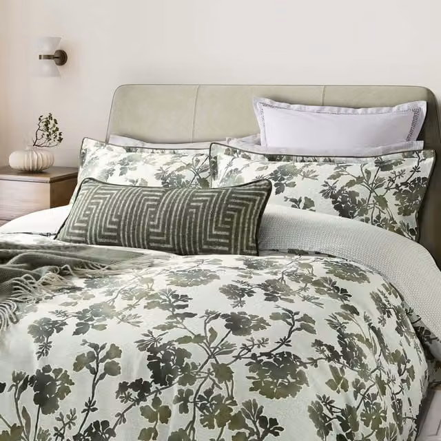 Bedeck of Belfast Yoko Green Floral Mako Satin Cotton Kingsize Duvet Cover Set, W: 180 cm, L: 200 cm