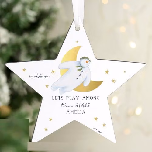 Personalised Memento Company The Snowman Gold Moon Wooden Star Christmas Tree Ornament in Brown – 1