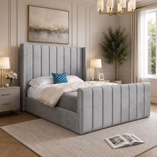 Casani Sherington Upholstered Velvet Designer Bed Frame, Grey, W/D/H: 140 x 200 cm – 1