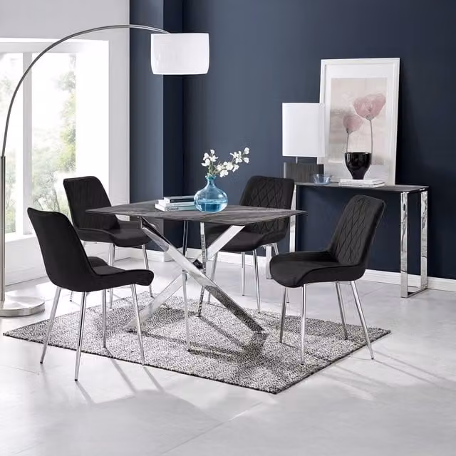FurnitureboxUK Leonardo Grey Glass Marble Table and 4 Pesaro Silver Leg Chairs in Black