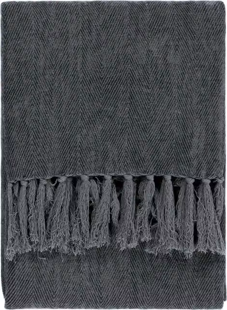 Harri Herringbone Fringed Woven Throw in Blue and Grey Dusk
