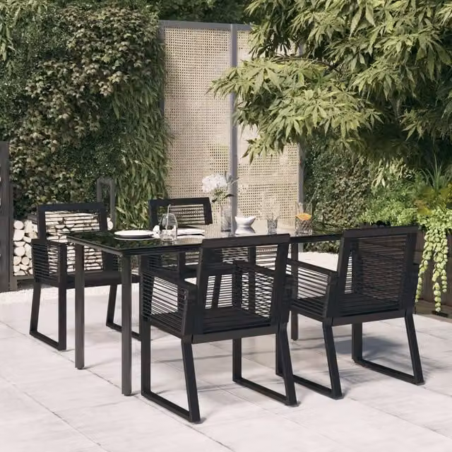 Berkfield Home 5 Piece Black PVC Rattan Garden Dining Set with Metal and Glass Details