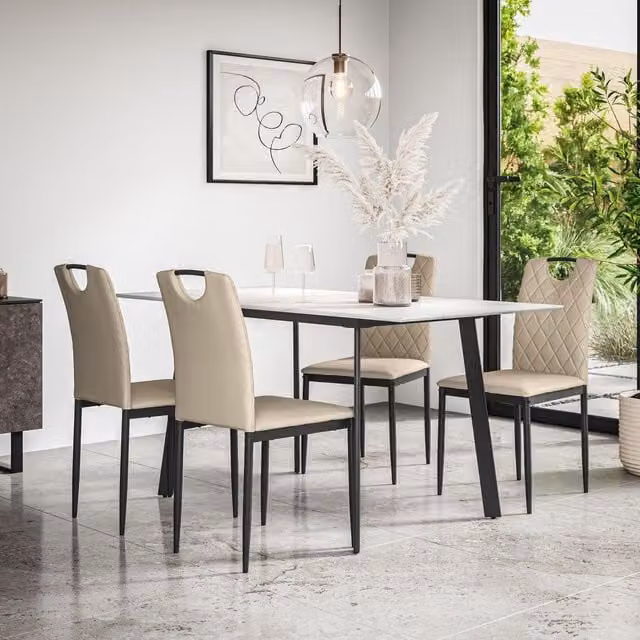 More4Homes Haydon Extending Dining Table with White Marble Effect Top and Black Legs and 4 Monza Beige Faux Leather Dining Chairs, W/D/H: 120 x 80 x 76 cm