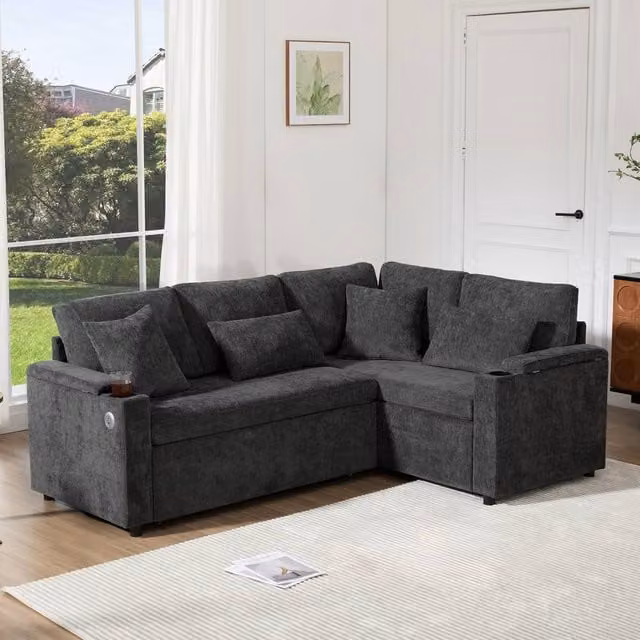 Merax L-Shaped Right-Facing Pull-Out Corner Sofa Bed in Grey Chenille Fabric with USB Charging, Cup Holders and Storage – 1