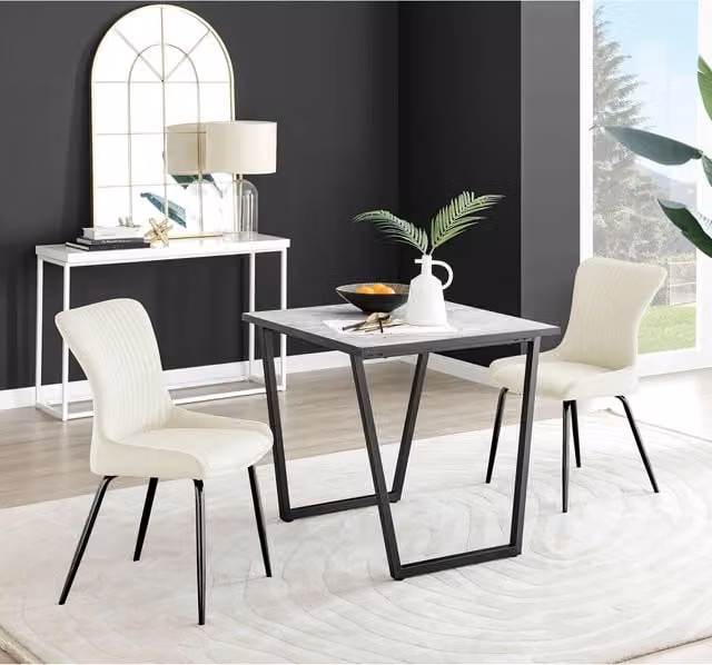 FurnitureboxUK Carson White Marble Effect Square Dining Table and 2 Nora Velvet Chairs in Cream