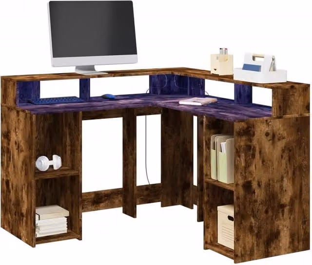 Berkfield Home Corner Desk with LED Lights in Smoked Oak Brown, W/D/H: 130 x 130 x 91 cm