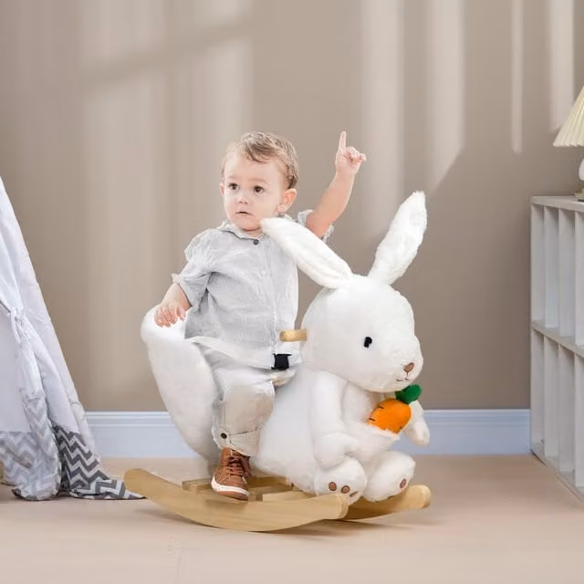 HOMCOM Kids Rabbit Shaped Rocking Horse with Realistic Sounds and Safety Belt, White
