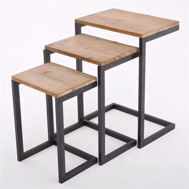 VOGREX 3-Piece Modern Nesting Tables with Wood Tone Tops and Metal Sled Base in Brown