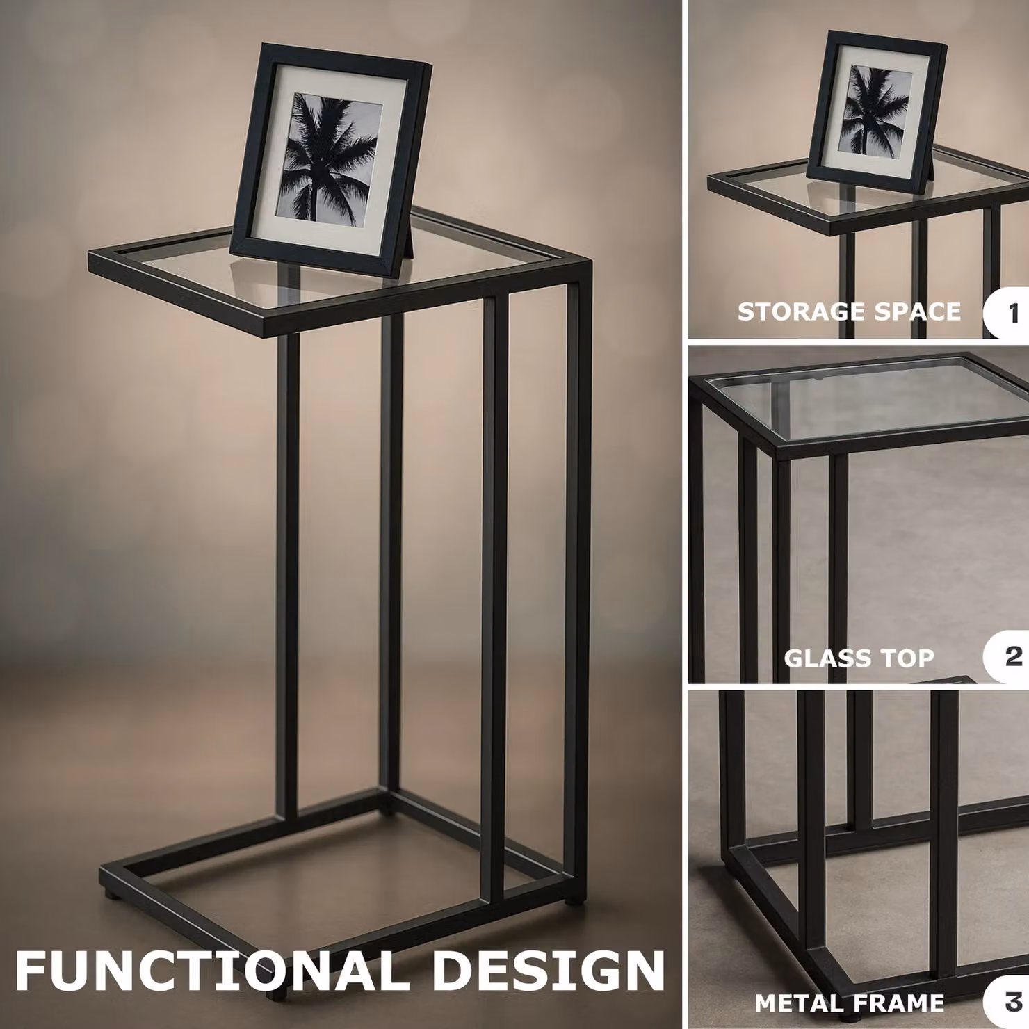 Storvo Black C Shape Metal and Tempered Glass Side Table W/D/H: 62 x 30 x 30 cm – 3