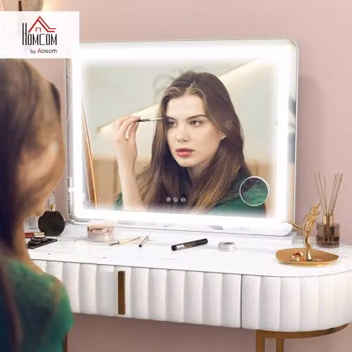 HOMCOM Dimmable LED Vanity Makeup Mirror with Touch Control, White, W: 80 cm, H: 62 cm – 2