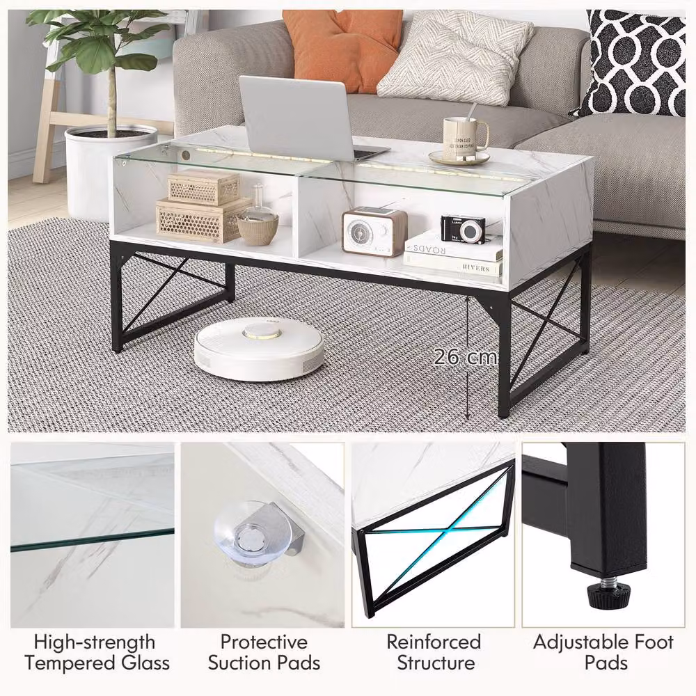 Costway Modern High-Gloss LED Coffee Table with Glass Top in White – 3