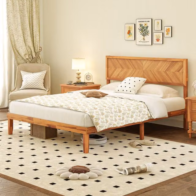 Costway Mid-Century Acacia Solid Wood Bed Frame with Headboard, Brown, W/D/H: 180 x 200 cm