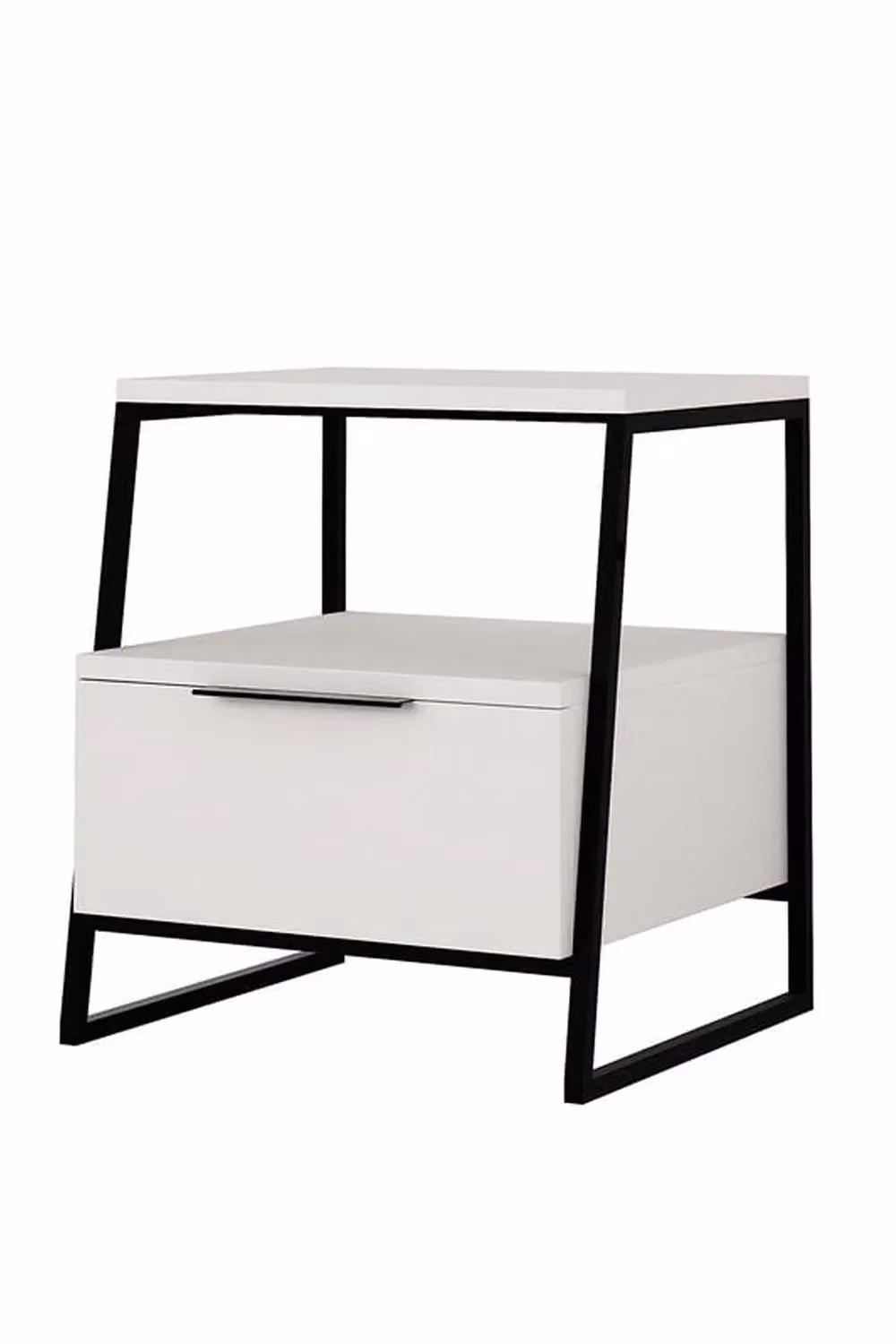 FWStyle Modern One Door Bedside Table Cabinet with Black Metal Frame and White Lacquered Finish – 2