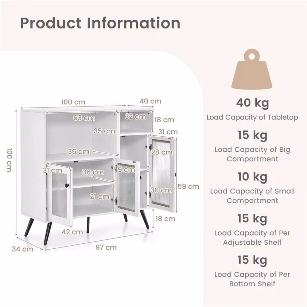 KORVIXA Kitchen Storage Cabinet Buffet Sideboard in White with Tempered Glass Doors, W/D/H: 100 x 100 x 100 cm – 2