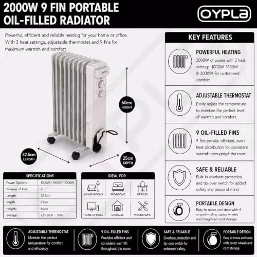 Oypla 2000W 9 Fin Portable Oil Filled Radiator Electric Heater, White – 2