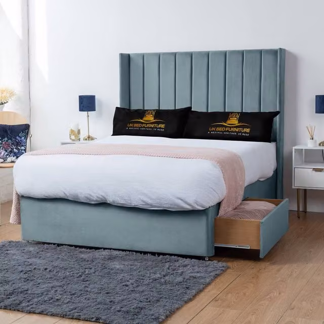 UK Bed Furniture Bella Wingback Divan Bed with 2 Drawers and 54 Inch Headboard in Light Blue, Size: King, W/D/H: 180 x 200 cm