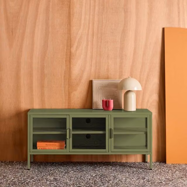 sweeek Industrial Metal and Tempered Glass TV Stand with 3 Doors, Green, W: 120 cm, D: 35 cm, H: 55 cm – 1