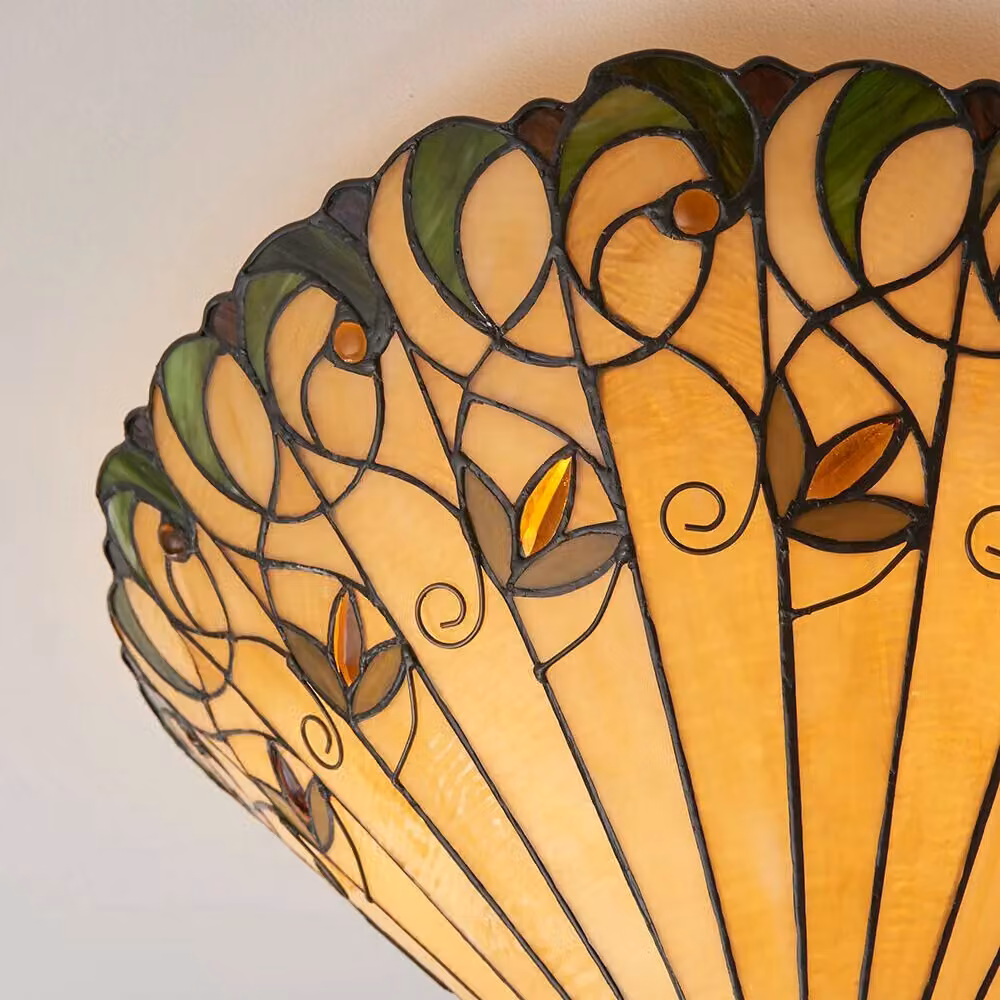 Loops Tiffany Glass Semi Flush Ceiling Light Amber Floral Inverted Round Shade in Clear – 3