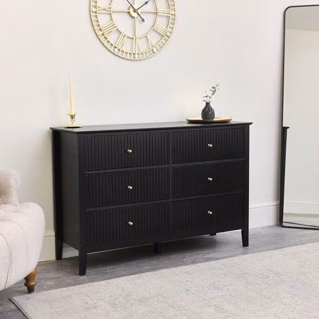 Melody Maison Hales Black Large 6 Drawer Chest Of Drawers with Gold Details