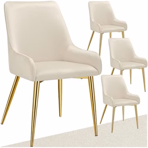 tectake Set of 4 Modern Dining Chairs with Armrests in Beige Velvet Look and Gold Metal Legs – 1