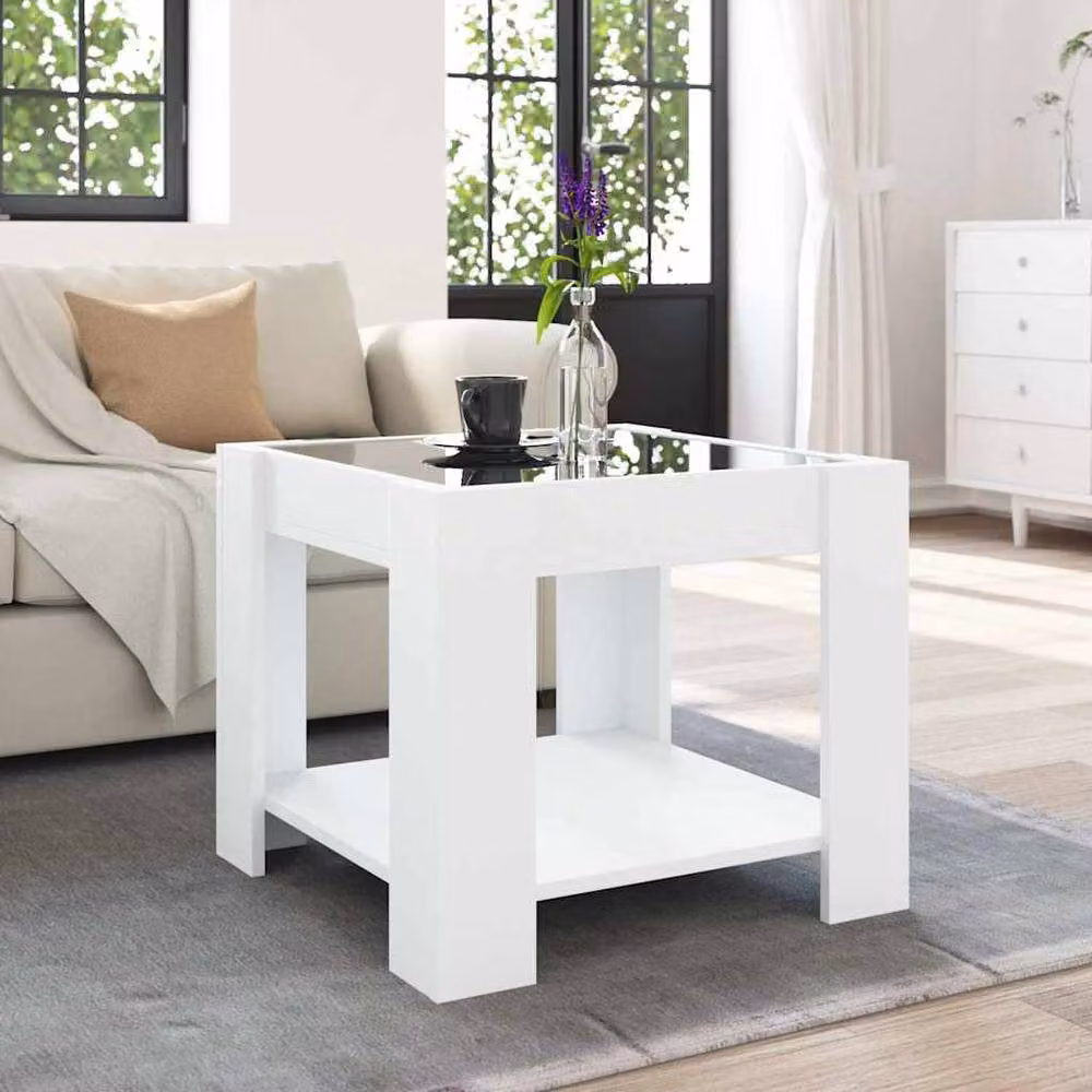 Berkfield Home Modern White Glossy Decorative Coffee Table with LED and Glass, W/D/H: 53 x 53 x 45 cm – 2