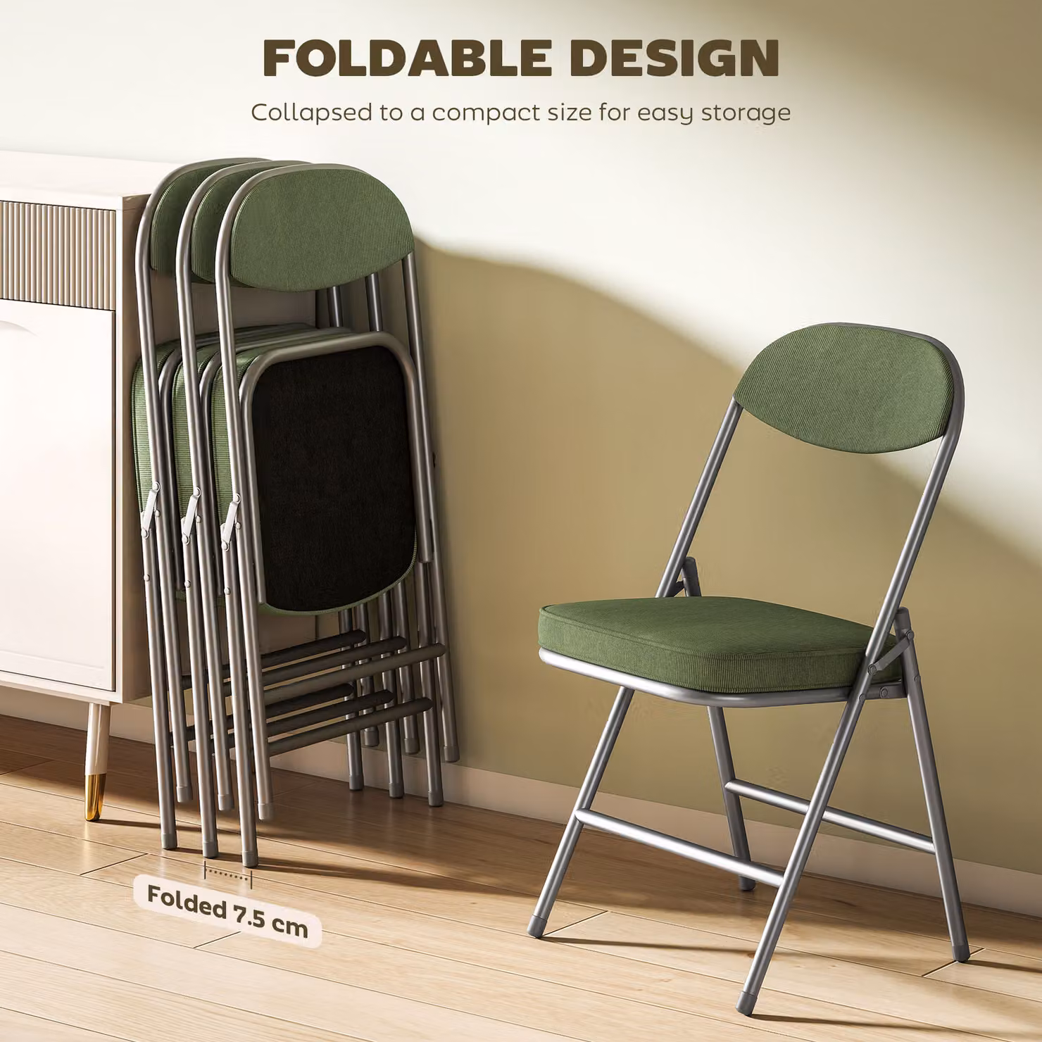 HOMCOM Set of Four Folding Corduroy Seat Chairs in Green – 4