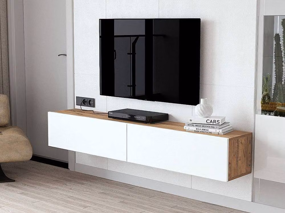 Vente-unique AUBEPINA Wall-Mounted 2-Door TV Unit in White and Light Oak – 3
