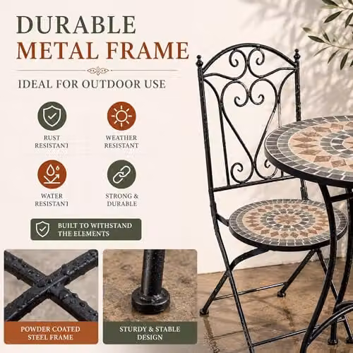 Shatchi Mosaic 3 Piece Bistro Set with Metal Chairs and 60cm Table in Multicolour – 3