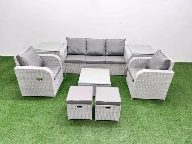 Fimous PE Rattan Garden Furniture Set in Light Grey with 3-Seater Sofa, Reclining Armchair, Coffee Table, Side Tables, Stools and Ottoman
