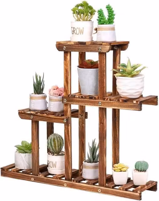 Kelvenix 4 Tier Rustic Brown Pine Wood Plant Stand Display Rack