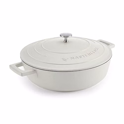 MasterClass Shallow Casserole Dish with Lid, Non-Stick Aluminium and Stainless Steel, 4L, Cream