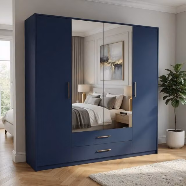 Swindon Modern 4 Door Wardrobe in Dark Blue with Mirror and 2 Drawers, Width: 180 cm
