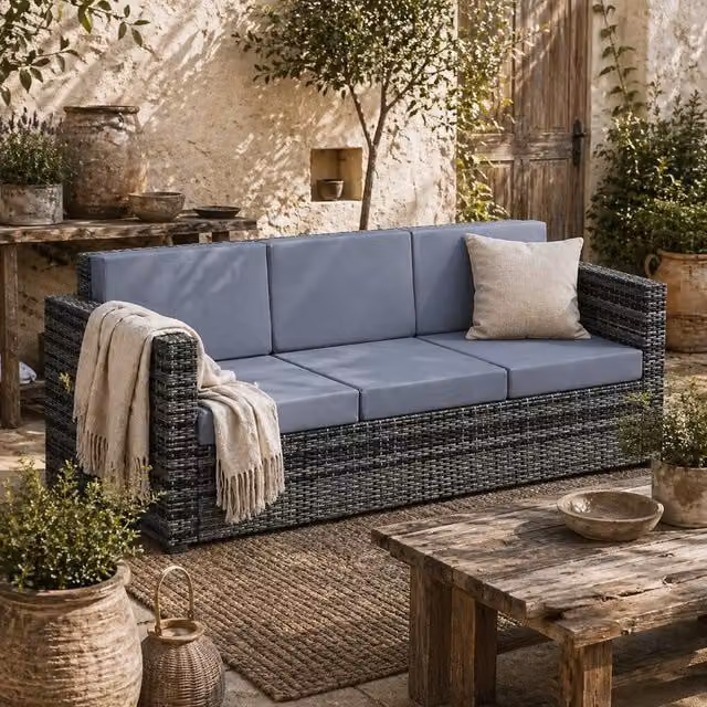 Wyld Haus Neloro 3 Seater Outdoor Sofa in Mixed Grey PE Rattan with Washable Cushions – 1