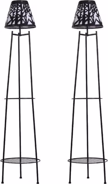Living Star Pack of 2 Double Tier Solar-Powered Metal Plant Stands in Matt Black