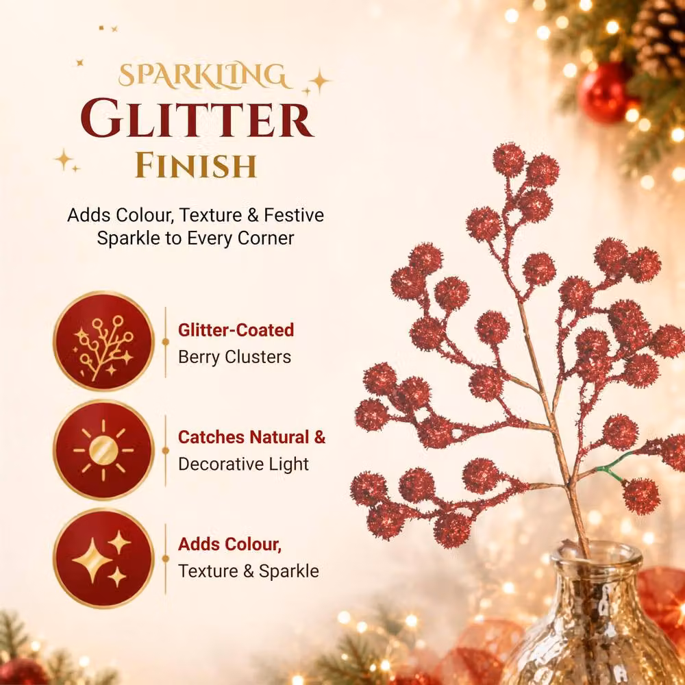 Shatchi Red Glitter Berry Picks, 18 Pack, 45 cm – 5