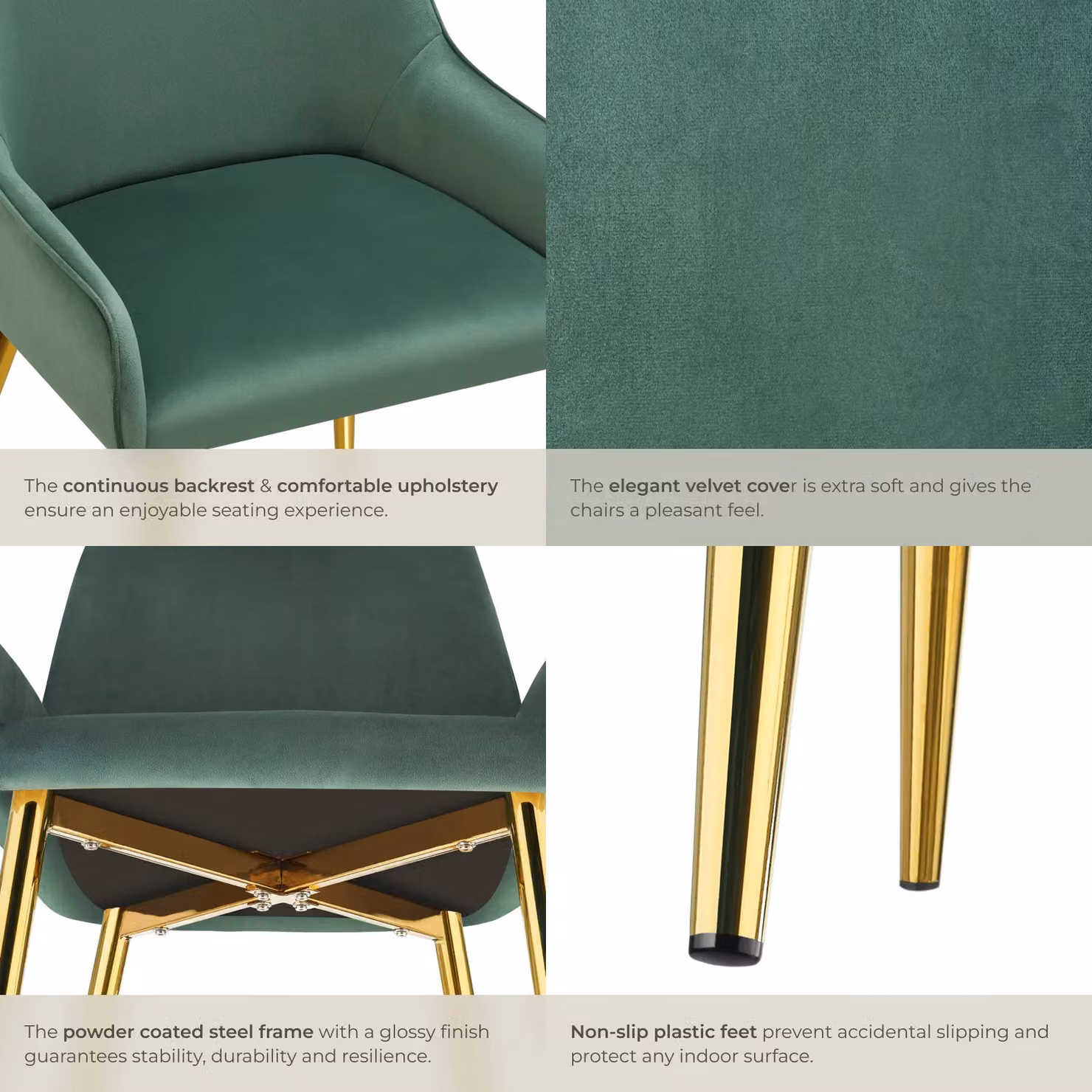 tectake Avane Set of 2 Green Velvet Dining Chairs with Armrests – 5